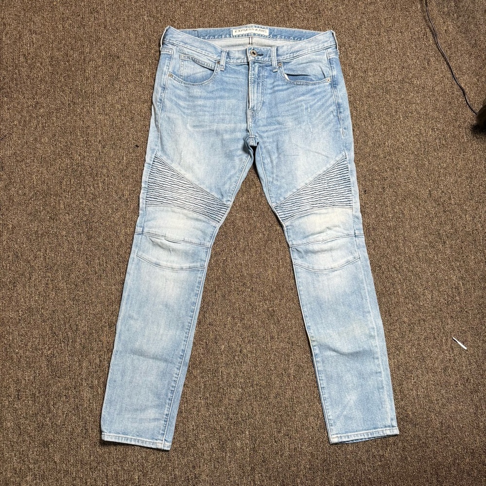 Express Blue Skinny Jeans with Distressed Vintage Look